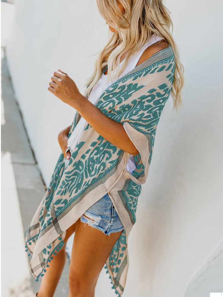 Summer Bikini Cover-Ups Casual Swim Cover Up Suit Cardigan Loose Boho Beach Pareo Women Beach Swimsuit Print Short Sleeve Tops